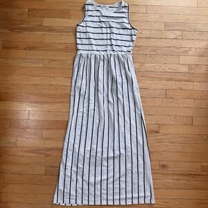 Hount Womens Striped Sleeveless Maxi Dress White Black Crew Neck Stretch Size M